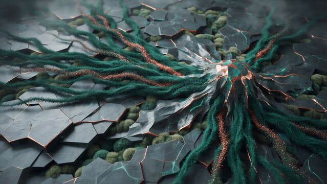 Futuristic data landscape featuring complex branching structures over cracked terrain branching structure futuristic network digital roots abstract
