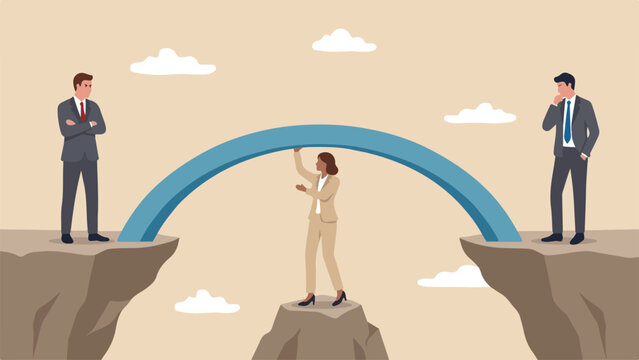 Conflict resolution and mediation concept, professional mediator building a bridge between two separated business rivals on cliffs