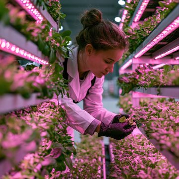 Young woman caring for plants in vertical farm with vibrant pink LED lights