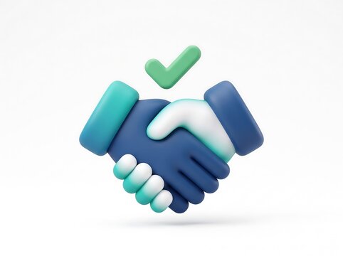 3D rendered handshake with a green checkmark indicating a successful agreement or deal