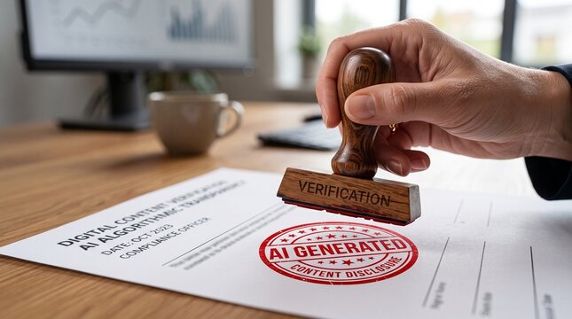 Hand pressing verification stamp on AI generated document close‑up