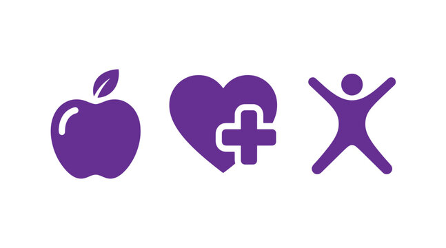 Health and wellness lifestyle icon set featuring an apple heart symbol active person wellness lifestyle nutrition activity exercise vitality wellbeing medicine strength