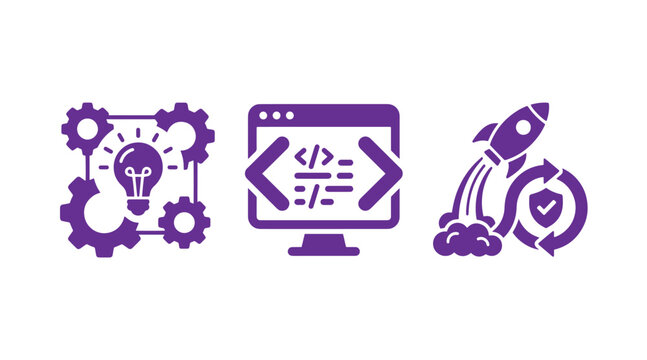Icons for software development coding secure deployment with development security software innovation computer deployment automation engineering optimization technology