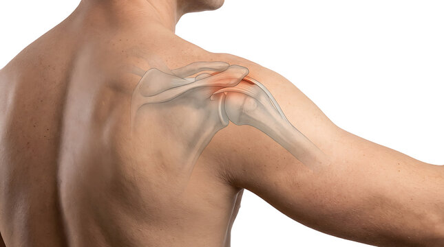 3D Medical Illustration of Human Shoulder Joint Anatomy with Inflammation Showing Rotator Cuff Pain and Injury in Male Body for Healthcare and Orth...