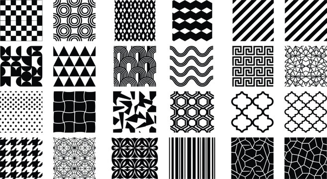 Geometric Seamless Pattern Set, Modern Black and White Vector Textures, Abstract Optical Line Swatches for Backgrounds and Textile Design