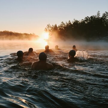 Open-water swimmers gathering in misty lake at sunrise ritual