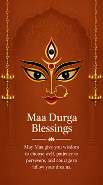 Stylized goddess face with hanging brass lamps on orange temple background for durga puja and navratri greeting card with spiritual blessing message