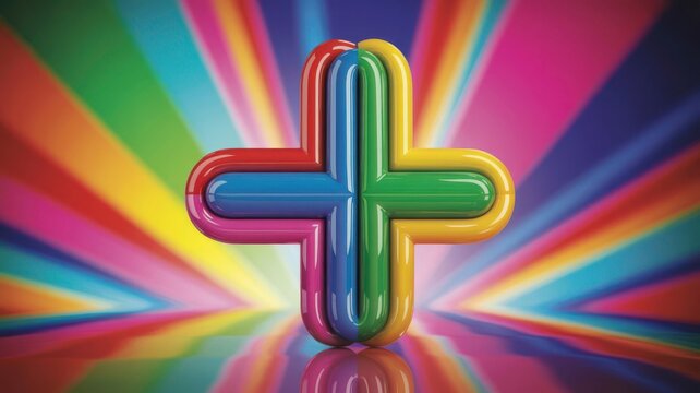 Glossy multi-colored plus sign symbol on a vibrant rainbow background