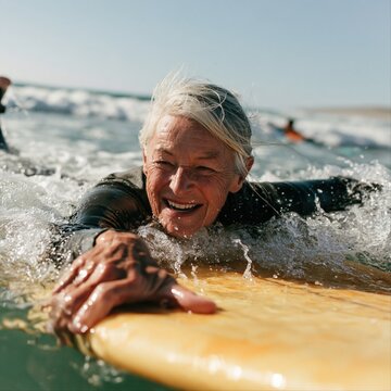 Older woman surfing on board in ocean waves with dynamic motion