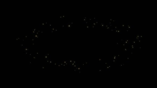 Golden glittering particles floating in oval frame shape on black background for cinematic motion design