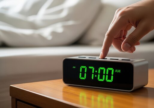 Person turning off a digital alarm clock at seven in morning