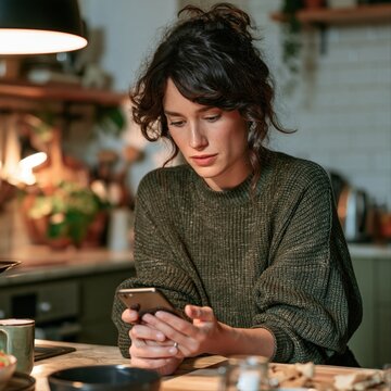 Woman with concerned expression focuses intently on smartphone message in home kitchen environment with warm ambient lighting and plants visible.
