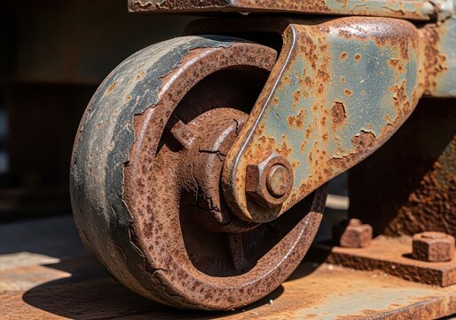 Rusty old metal industrial caster wheel on a cart