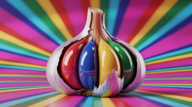 Garlic bulb with colorful paint cloves on a vibrant radial striped background