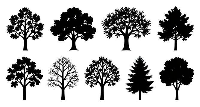 Vector Black Tree Silhouette Icons Isolated White Background Abstract Forest Shapes