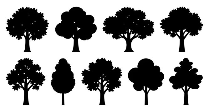 Black Tree Silhouette Icon Set Vector Graphic Isolated White Background Nature Symbol Collection