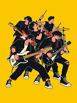 Dynamic rock music band performing together with electric guitars, bass, drums, and vocalist in a bold flat vector illustration.