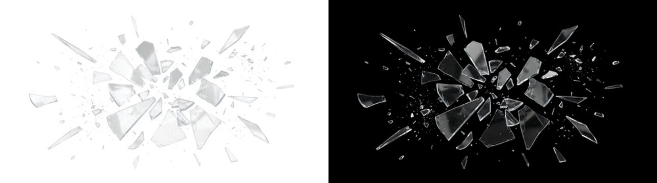 Shattered glass shards explode outward with sharp jagged pieces scattering through the air for dramatic design use PNG, Transparent and Black Background Versions