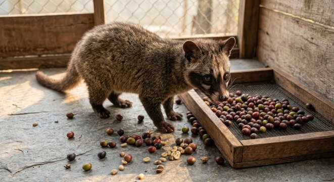 Close up of an Asian Palm Civet also known as Luwak eating fresh red coffee cherries in a wooden enclosure for traditional kopi luwak production, high quality image of exotic animal and coffee beans.