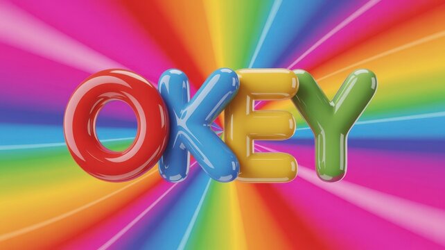 3 d glossy okey text on a vibrant rainbow colored sunburst background
