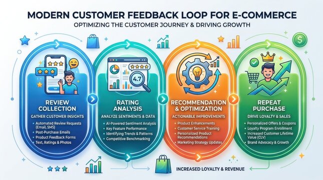 An infographic showing a modern customer feedback loop for e-commerce to optimize the customer journey and drive business growth