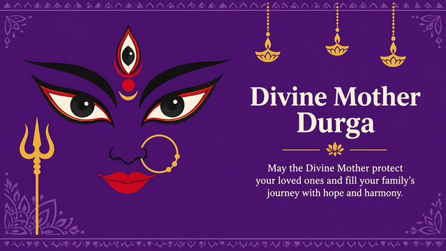 Stylized goddess eyes with third eye golden nose ring trident and hanging lamps on purple durga puja and navratri festival greeting banner