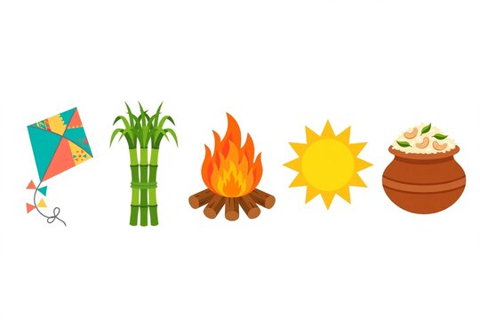 Makar Sankranti Pongal Lohri icons set with kite, sugarcane, bonfire, sun and pongal pot flat illustration