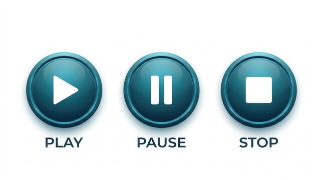 Set of three glossy blue circular media control buttons - Play, Pause, and Stop.