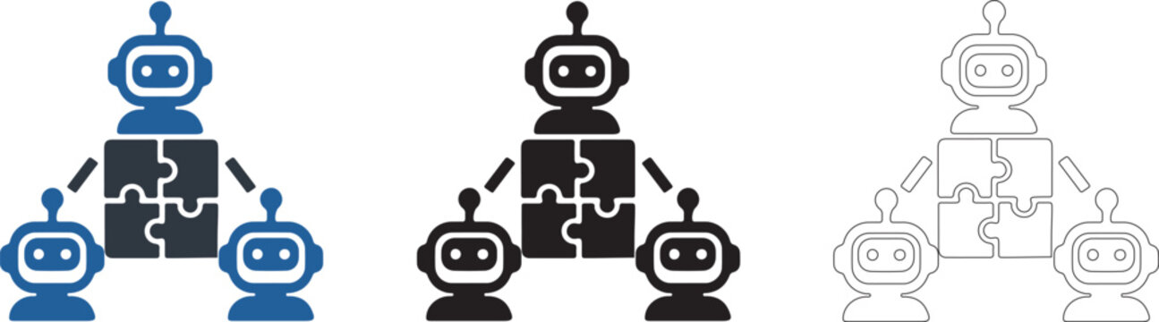 AI Robots Network Connected to Puzzle Pieces Icon Set Representing Collaborative Multi-Agent Systems, Automated Problem Solving, Machine Learning Integration, and Teamwork