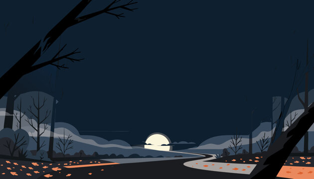 Vector illustration of a night landscape featuring a large glowing moon on the horizon beyond a winding path, dark tree silhouettes, scattered fallen leaves, and soft cloudy skies.