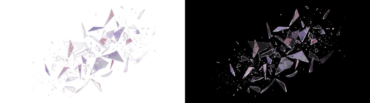 Violet glass shatter sends flying fragments diagonally across the frame in a dramatic burst for modern design PNG, Transparent and Black Background Versions