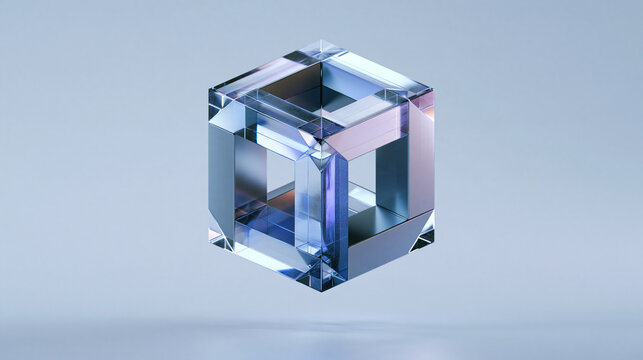 Surreal 3D render of an impossible geometric glass cube floating against a clean background