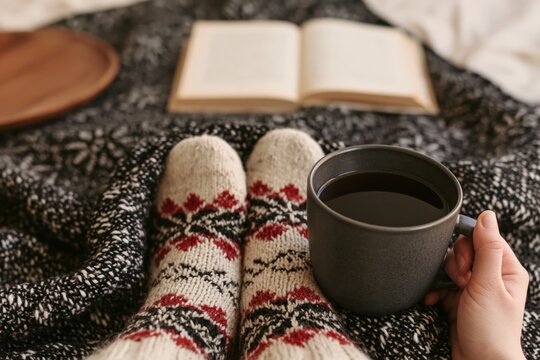 Cozy winter morning with a warm coffee and book while wearing knitted socks on a soft blanket