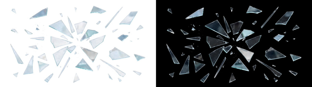 Wide glass shatter burst scatters triangular pieces outward with sharp reflective edges for design use PNG, Transparent and Black Background Versions