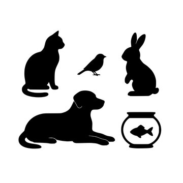 Black domestic pets silhouettes set including dog, cat, rabbit, fish and bird &ndash; design for veterinary clinic logos, pet shop banners, and animal care signage. Transparent SVG version.