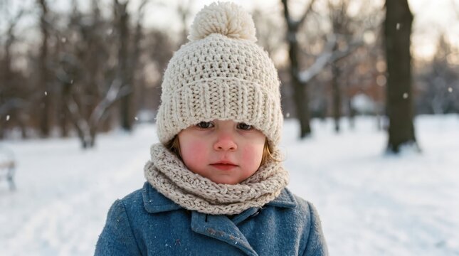 Bundled child wearing a knitted hat and scarf with rosy cheeks in a snowy woodland, winter portrait with softly blurred trees and falling snow in a natural outdoor setting