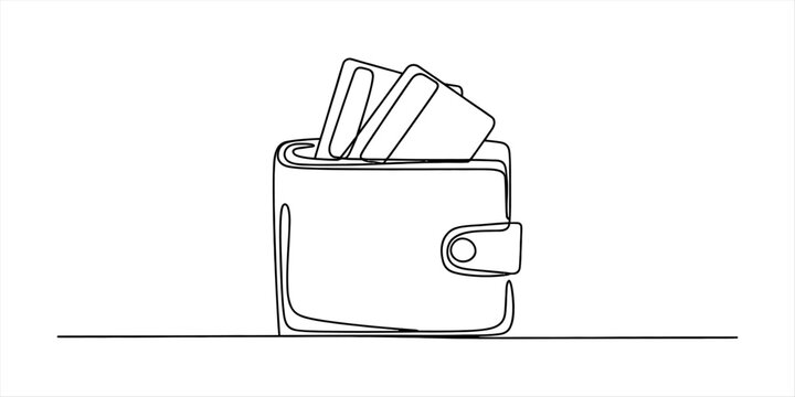 Continuous single line drawing of a leather wallet with credit cards inside for financial payment and shopping concept