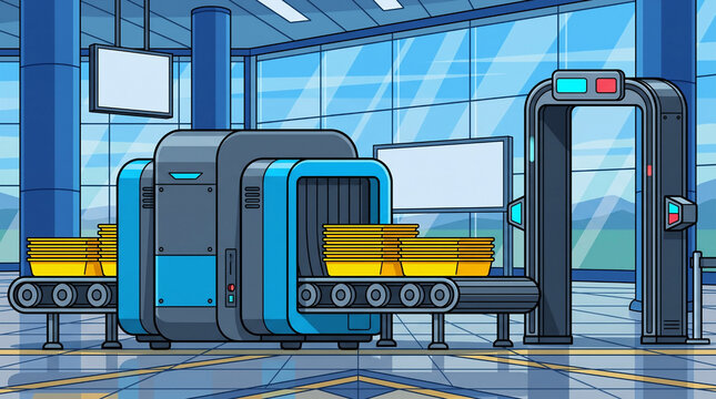 2D Flat Empty Airport Security Checkpoint Background