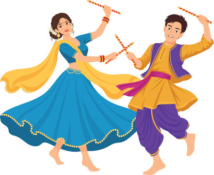 Indian Couple Performing Dandiya Garba Dance In Navratri Celebration Wearing Traditional Attire Vector Illustration