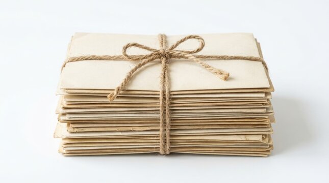 A neat stack of aged, yellowish paper envelopes securely tied together with a simple rustic piece of twine