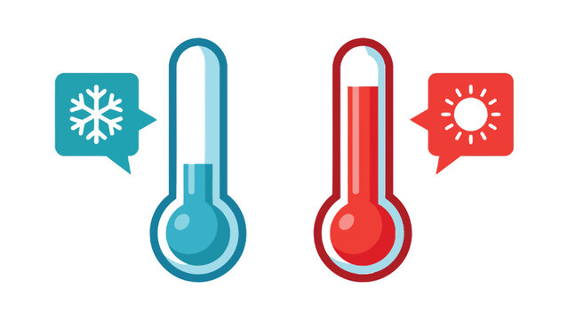 Cold and hot thermometers with snowflake and sun symbols vector graphic illustration design elements