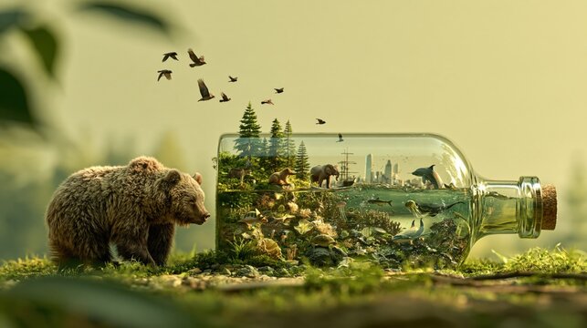 Brown bear looking at a glass bottle containing a miniature ecosystem with a forest, wildlife, and a distant city skyline, surreal landscape