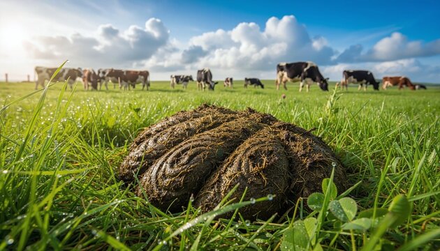 Close-up of fresh cow dung in vibrant green pasture with grazing cattle under sunny blue sky