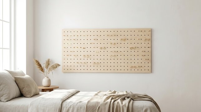 Modern decorative wall art panel with a geometric grid pattern hanging above a comfortable bed frame. minimalist earring holders 