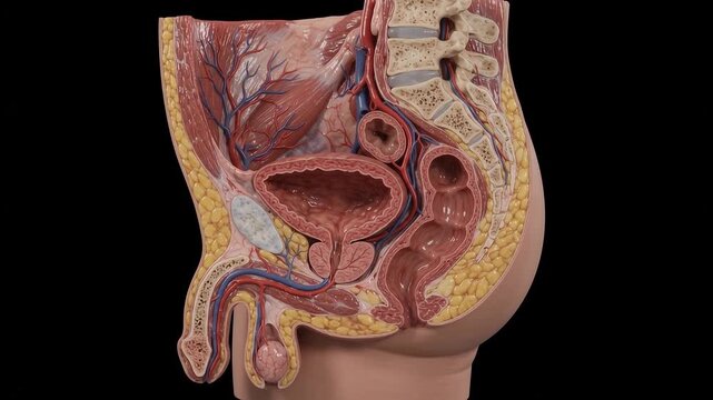 Anatomical model male pelvic region sagittal view showing urinary bladder and reproductive organs with vasculature and musculature.
