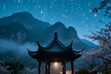 Obraz premium Traditional pavilion under star trails with mountains and cherry blossoms at night