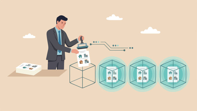 Digital asset tokenization and blockchain ledger concept with financial specialist sealing property deeds into glowing glass cubes