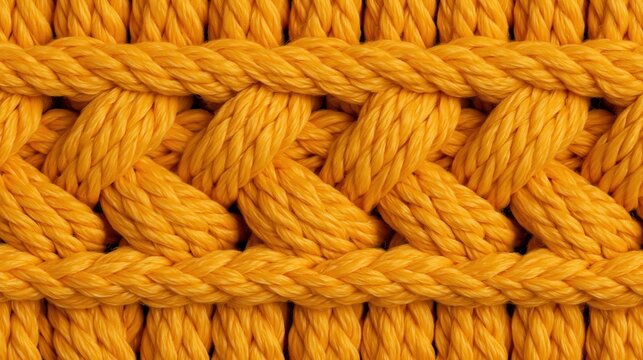 Close up of a vibrant golden yellow woven fabric texture, featuring thick twisted rope strands in a repeating braided pattern