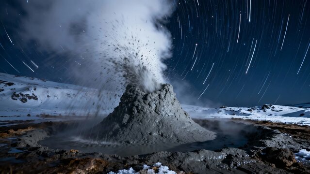 Nighttime eruption of a mud volcano with star trails in the sky