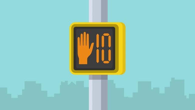 Flat vector animation of a pedestrian traffic signal with a countdown timer and stop hand symbol against a city skyline background. Urban safety, street crossing, and traffic regulations concept.